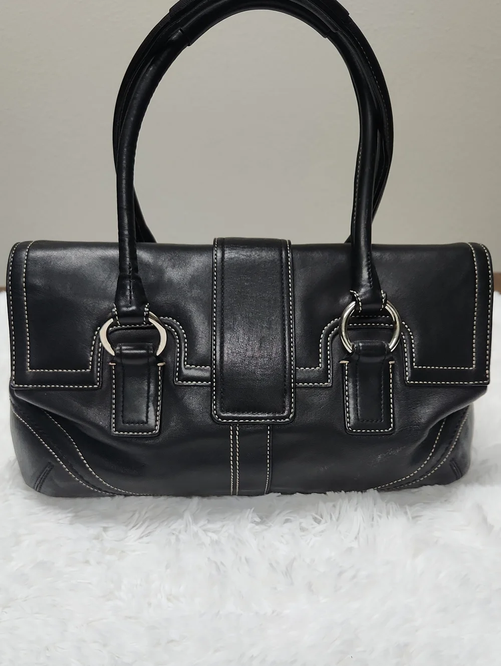 Coach Vintage Black Leather Buckle-Front Shoulder Bag